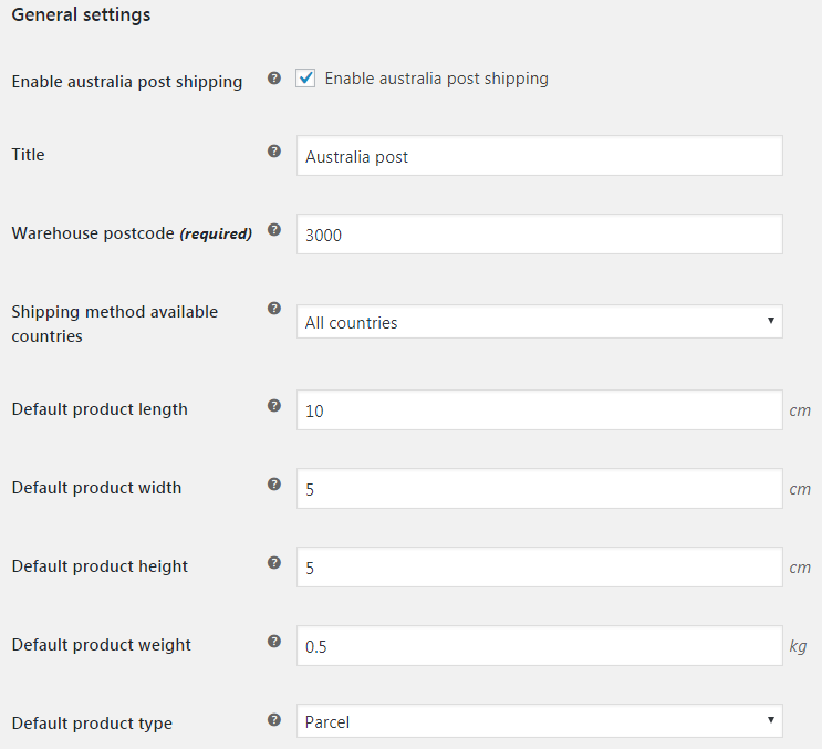 Backend Configurations - General Settings of WooCommerce Australia Post Shipping