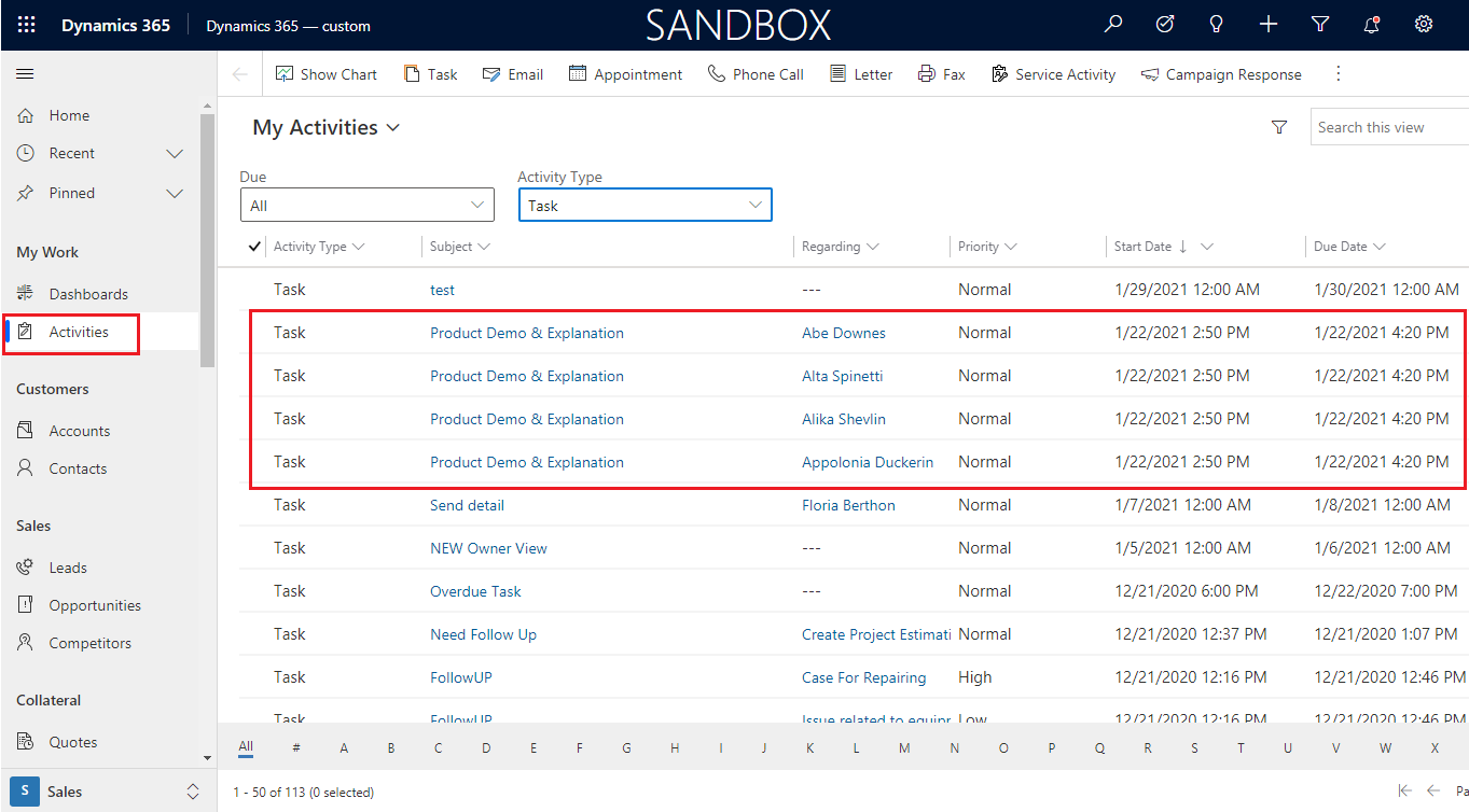 entity records by navigating to the Task activities