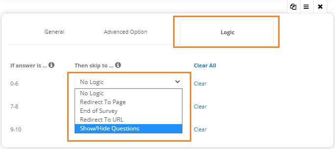 Logic option for NPS question type: