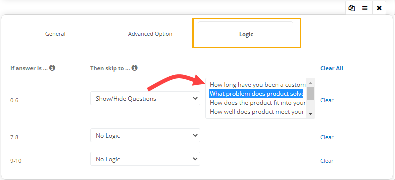 Logic option for NPS question type: 2