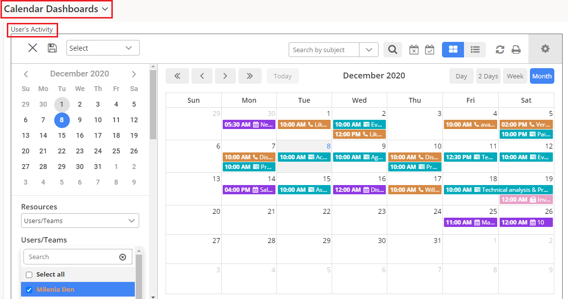 Add the Activity Calendar of Calendar 365 in the Dynamics Dashboard