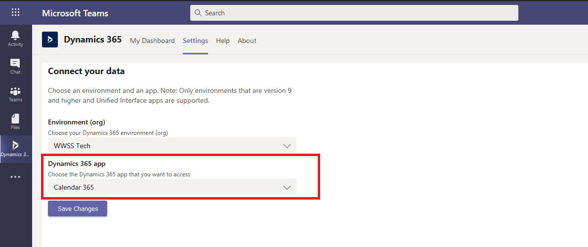 Calendar 365 in Microsoft Teams application selection