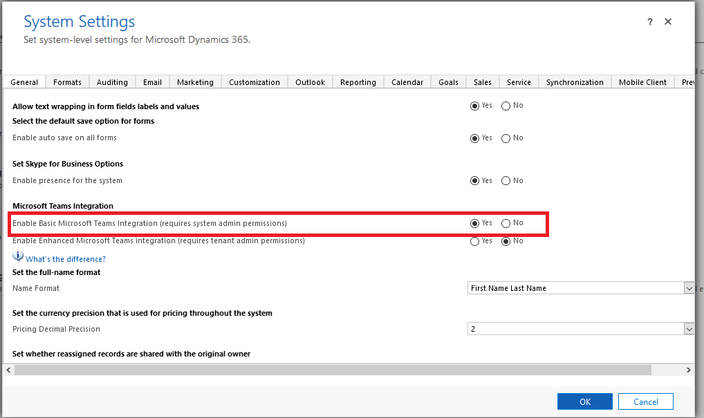 Enable Microsoft Teams integration feature