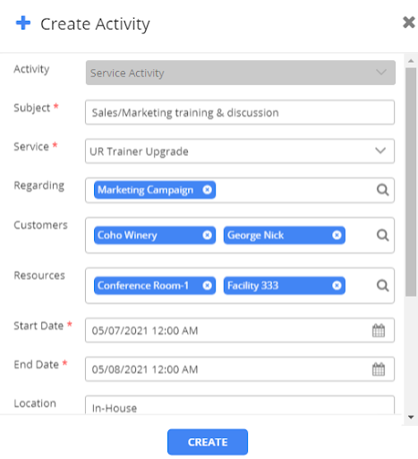 Create a Service Activity on the calendar