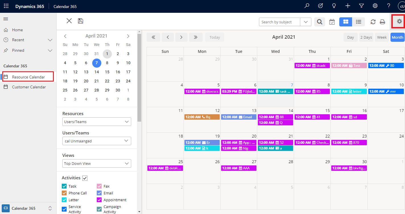 Settings configure Calendar 365