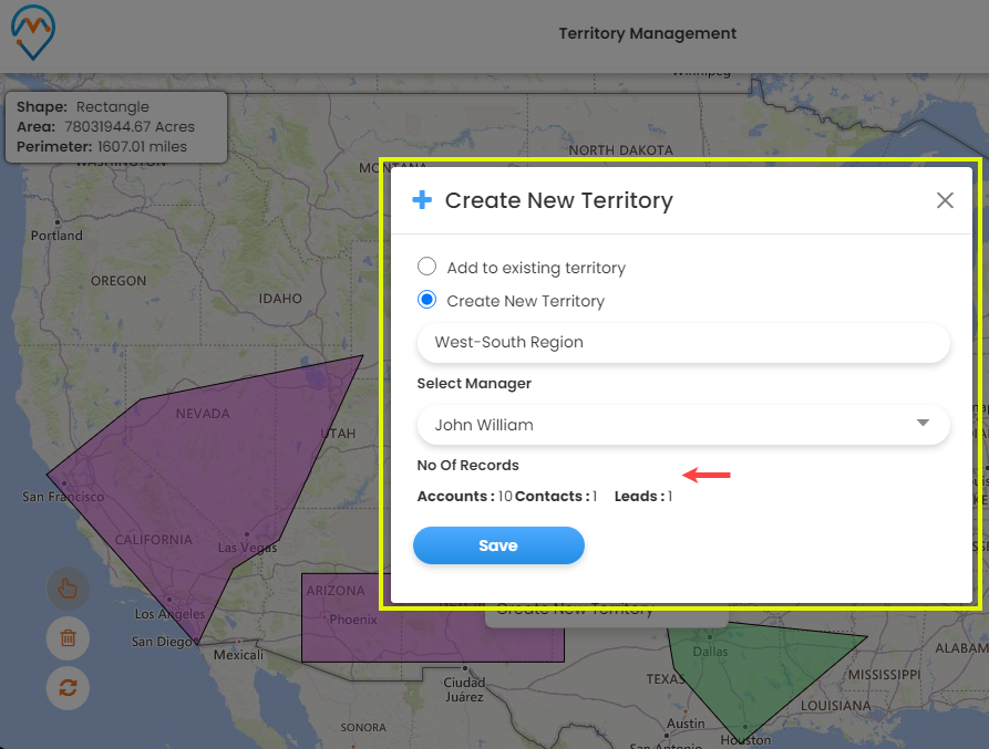 Create New Territory popup