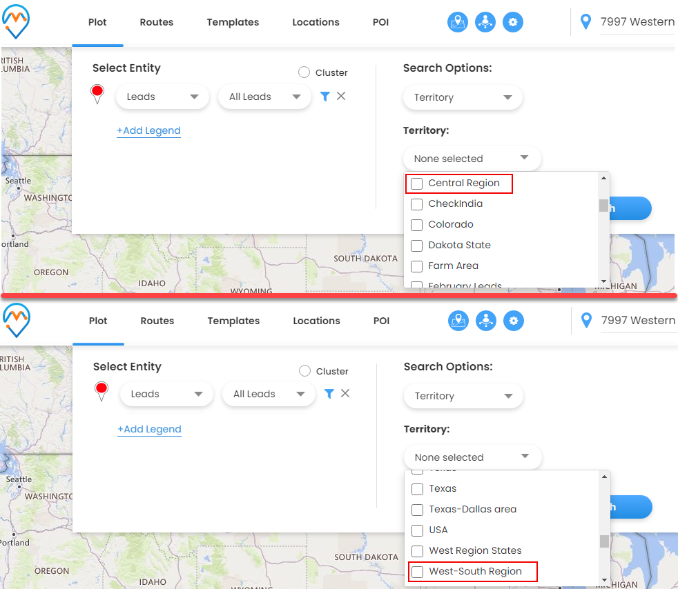 Search entity records by selecting Territory