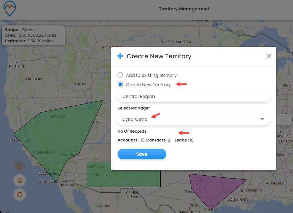 new territory name and select the Manager