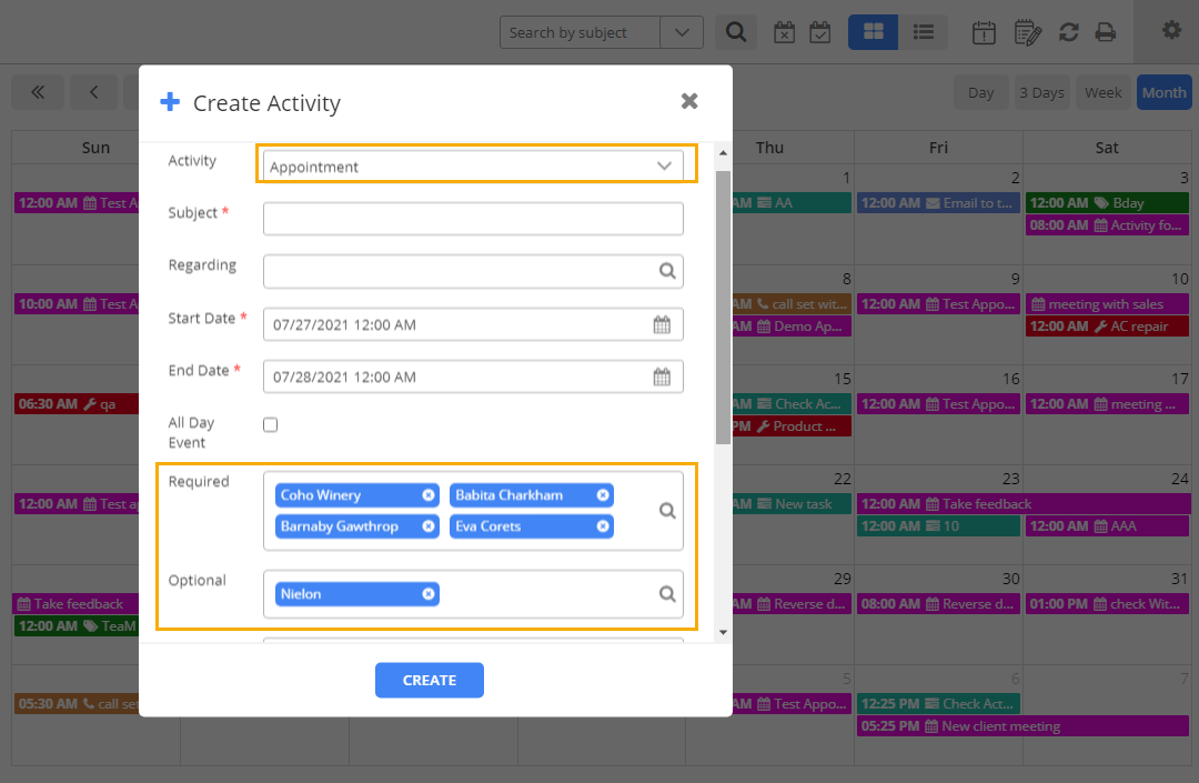 Calendar configuration in the Appointment activity