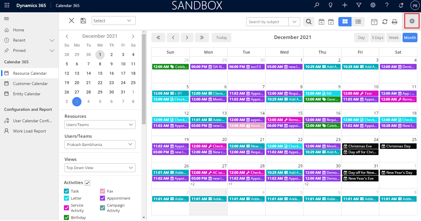 activity calendar dynamics 365