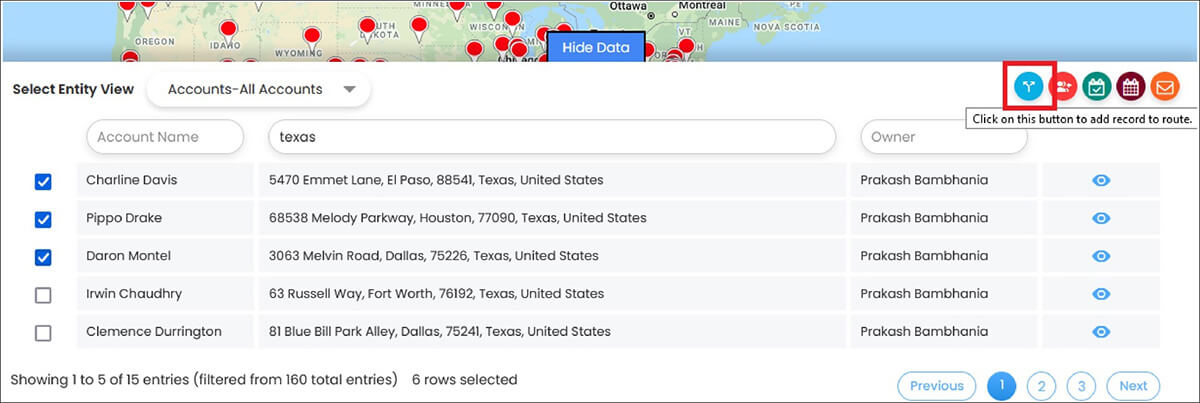 Account record and click on Route icon