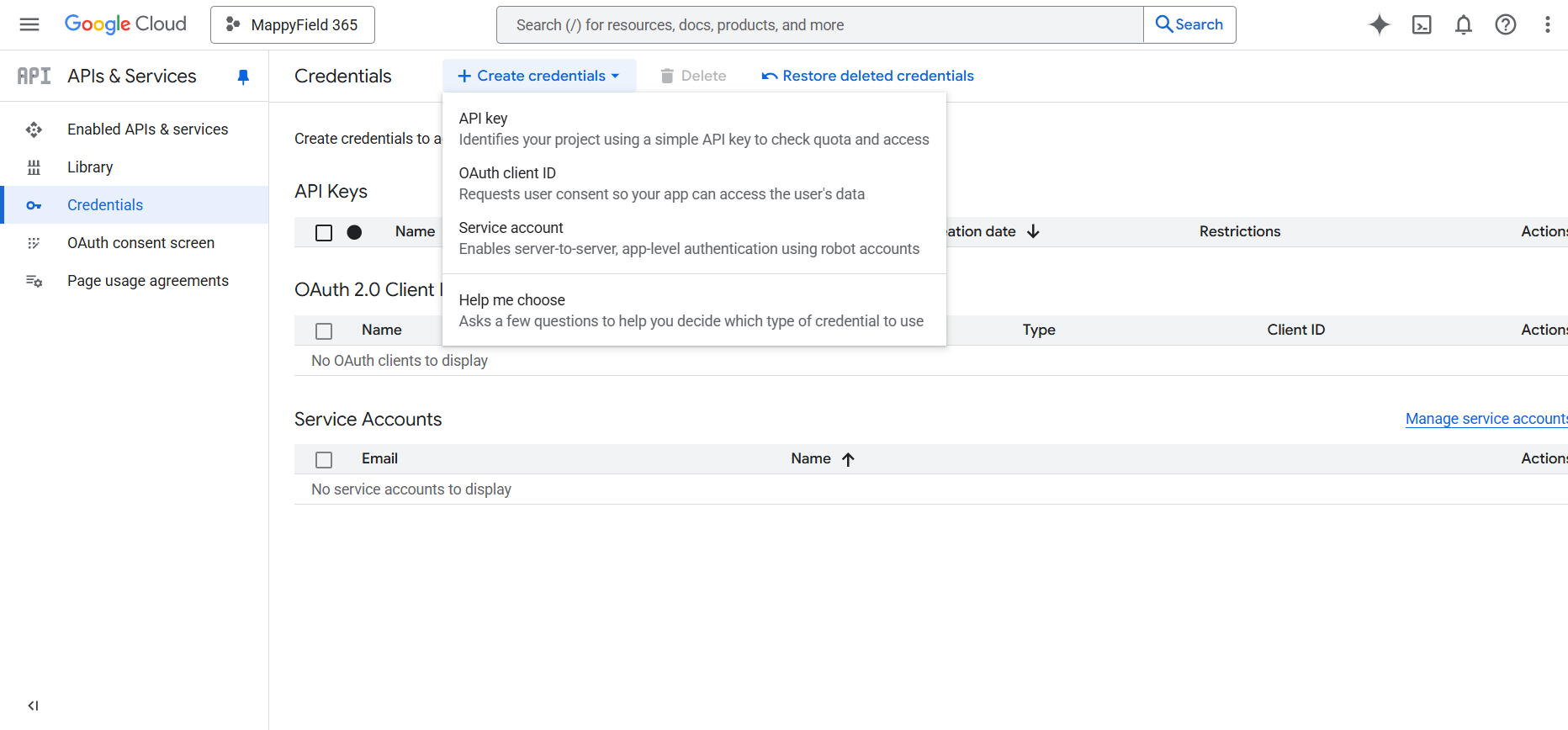 API Key Create Credentials