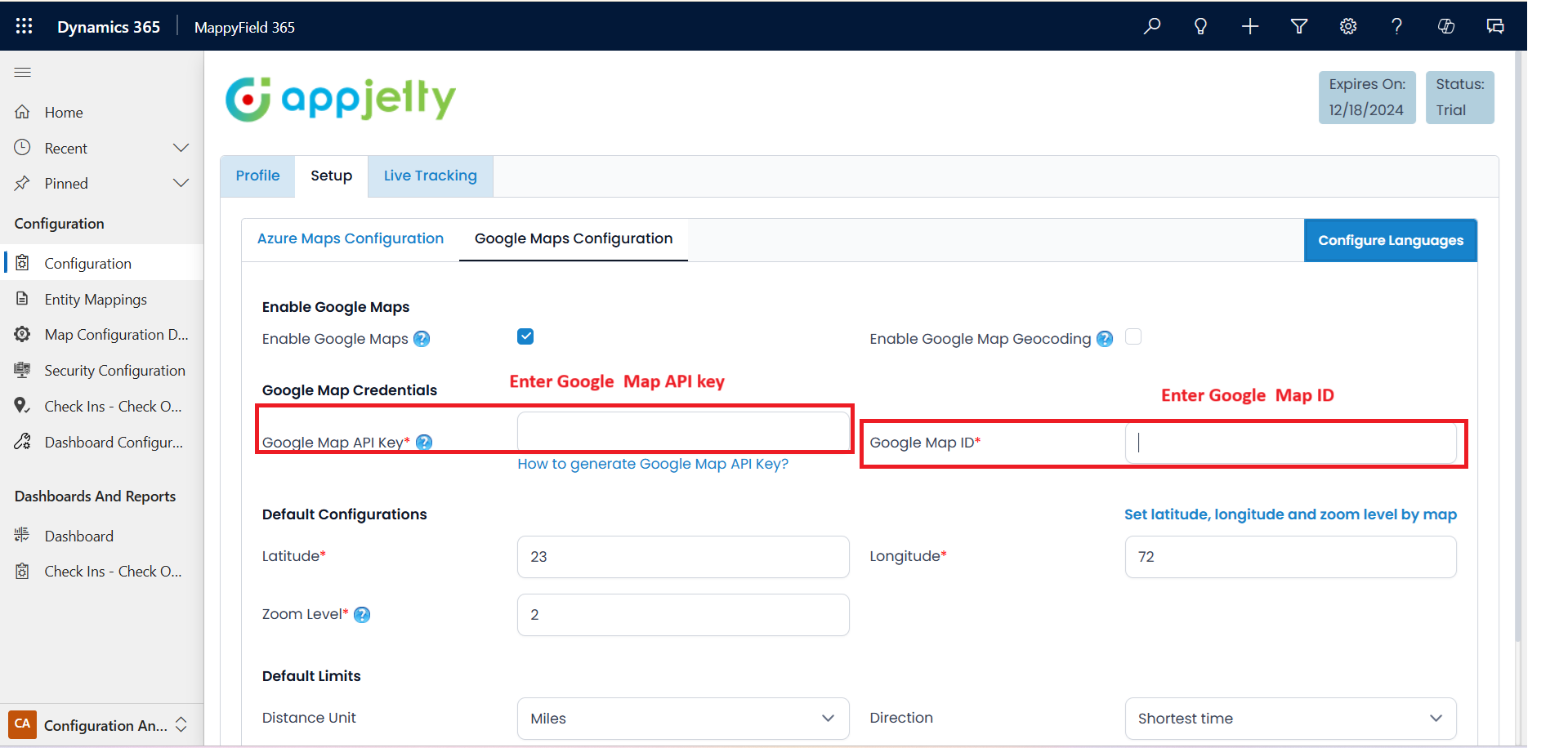 Mappy Field 365 Configuration