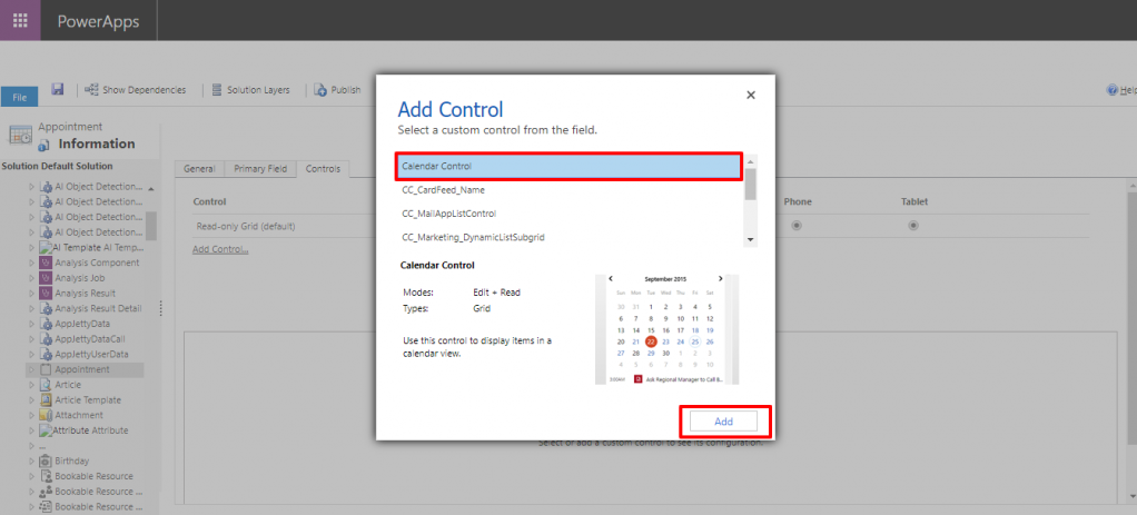 Select calendar control