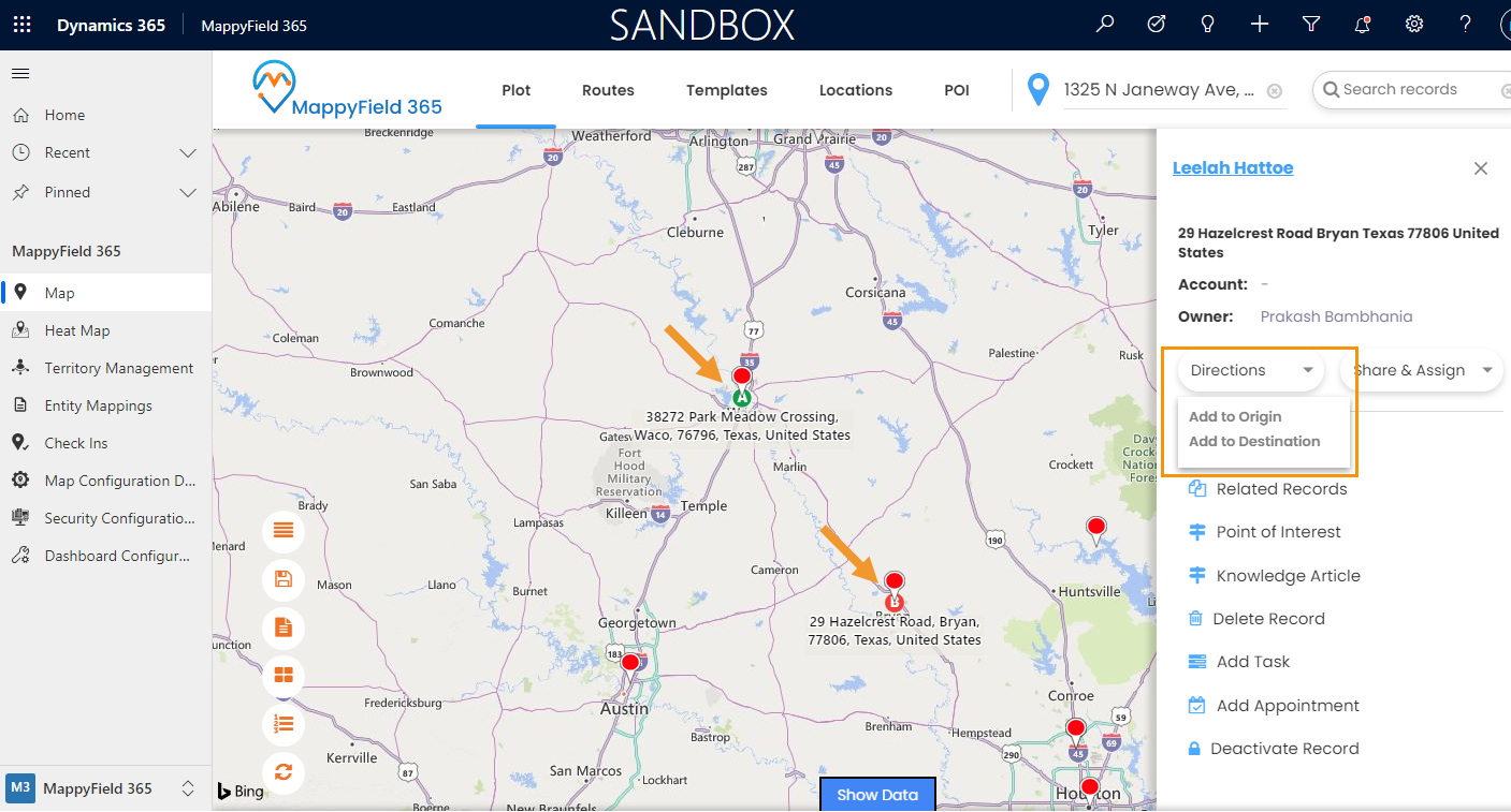 Set origin and destination