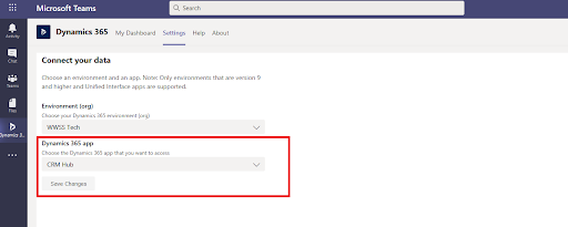 application is selected in Microsoft teams as a Dynamics 365 app